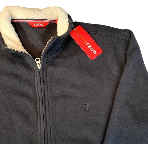 IZOD Men’s Fleece Full Zip Jacket M L Black Cotton Polyester Faux Fur Collar New - Picture 3 of 10